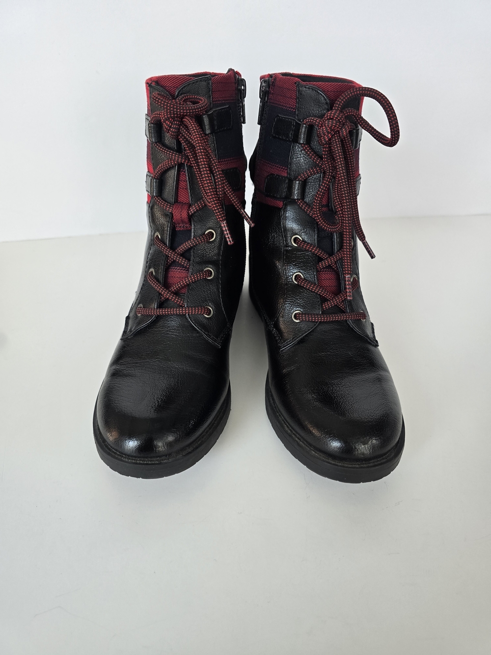 BareTraps Black O'Neil Pleather Lace-Up Boots with Burgundy Trim